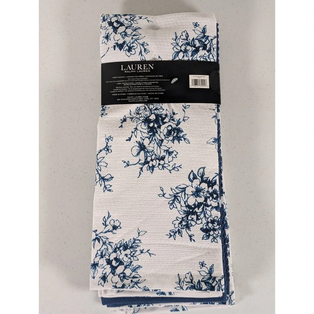 Lauren Ralph Lauren Kitchen Towels Set of 3 Blue Floral Stripe Indigo Cotton NWT